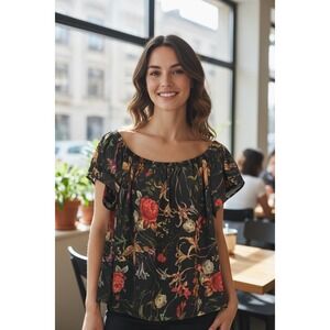 Belle Sky Floral Off Shoulder Blouse Top Ruffle Sleeve -‎ XL